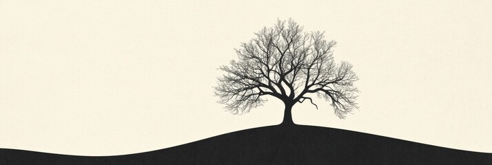 Poster - Solitary tree stands majestically on a rolling hill against a neutral background during early morning light. Generative AI