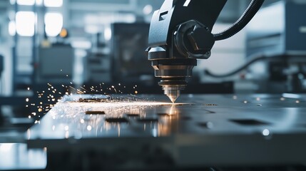 Wall Mural - a robotic arm conducting high-precision laser cutting of intricate metal parts in a clean, advanced 