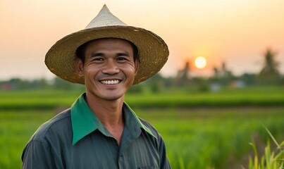 Wall Mural - Smiling farmer sunset rice paddy field agriculture