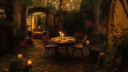 Sticker - A cozy dining setup with a metal table, comfortable rattan chairs, and decorative candles for ambiance