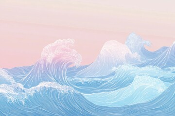 Poster - Waves crashing on a serene shoreline at sunset with pastel skies showcasing calming hues of blue and pink. Generative AI