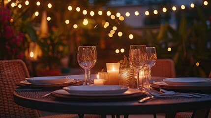 Sticker - A cozy dining setup with a metal table, comfortable rattan chairs, and decorative candles for ambiance