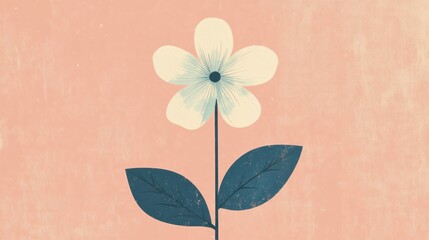 Poster - Simple floral illustration featuring a white flower with green leaves against a pastel pink background. Generative AI