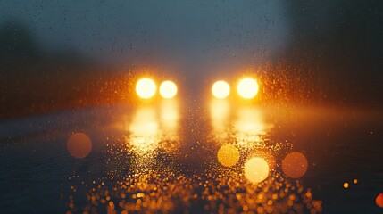 Wall Mural - A rainy highway in dense fog, with blurry reflections of headlights and taillights on the wet pavement.
