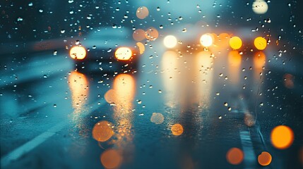 Wall Mural - A rainy highway in dense fog, with blurry reflections of headlights and taillights on the wet pavement.