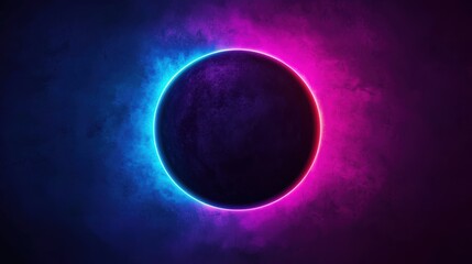 Wall Mural - Neon Circle Glowing Around Dark Planet in Cosmic Nebula