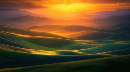 Wall Mural - Golden Sunset Over Rolling Green Hills Landscape