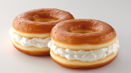 Wall Mural - Two freshly made cream-filled donuts placed side by side on a clean white surface