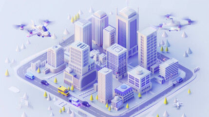 Poster - Isometric futuristic smart city with flying drones and modern architecture