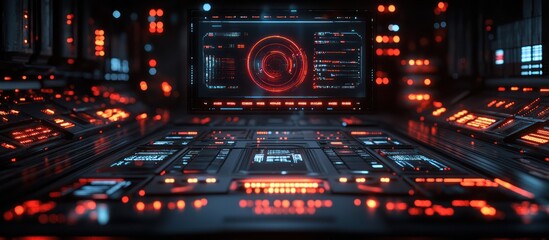 Futuristic control panel with glowing red and blue lights.