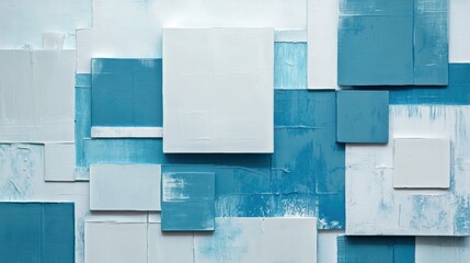 Fototapete - Abstract artwork featuring shades of blue and white in various geometric shapes and sizes displayed elegantly on a wall. Generative AI