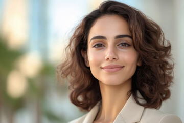 Wall Mural - Young businesswoman standing confidently at out of office building