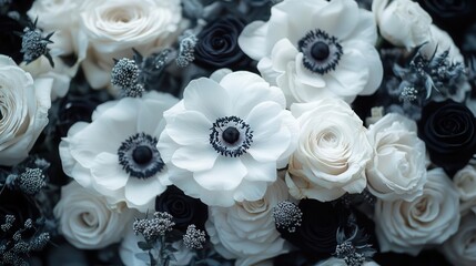 a beautiful arrangement of black and white flowers, featuring anemones and roses, creating an elegan