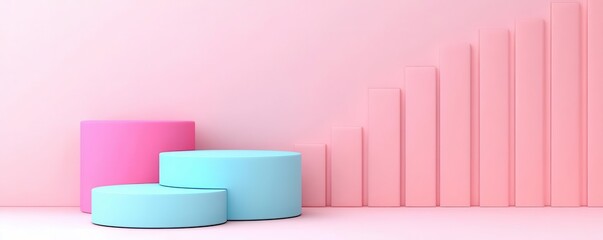 A minimalist design featuring pastel-colored cylindrical shapes against a pink background with ascending bars, suggesting growth or progress.
