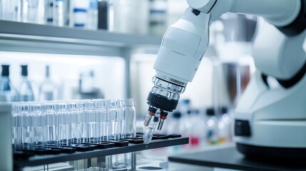Wall Mural - a robotic arm handling delicate laboratory samples in a clean, high-precision research lab, modern a