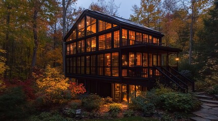 Wall Mural - Illuminated Autumnal Glass House in Woodland Setting