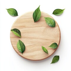 Wall Mural - Wooden plate with green leaves. Vector illustration. Eps 10.