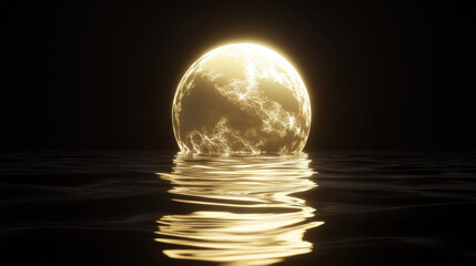 Wall Mural - Golden Orb on Water: A glowing, celestial orb rests upon a shimmering body of water, casting a warm, golden light across the dark surface, creating a scene of mystical wonder and ethereal beauty.