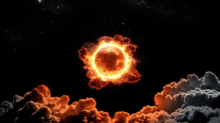Wall Mural - Fiery Celestial Ring: A mesmerizing cosmic spectacle unfolds, a blazing ring of fire encircles a dark planet, set against a backdrop of swirling clouds and a star-studded sky.