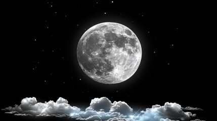 Wall Mural - Celestial Majesty: A mesmerizing full moon, radiant and ethereal, hangs above a soft bed of clouds, casting a captivating glow against the deep indigo night sky.