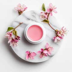 Wall Mural - cosmetic cream with cherry blossomle background, top view