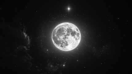 Wall Mural - Celestial Majesty: A breathtaking full moon dominates the inky black expanse of space, its luminous surface detailed against a backdrop of twinkling stars and cosmic dust.