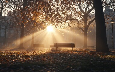 Wall Mural - Sunbeams through autumn trees illuminating a park bench.