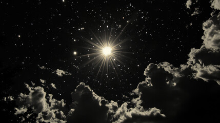 Wall Mural - Celestial Glow: A mesmerizing celestial display, featuring a brilliant star shining brightly amidst a backdrop of swirling clouds and a scattering of distant stars. 
