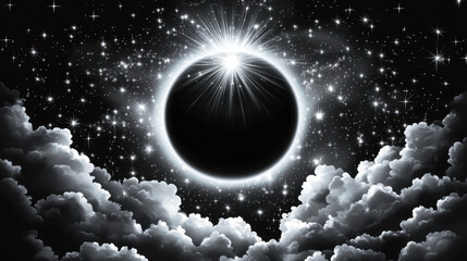 Wall Mural - Celestial Eclipse: A dramatic, black and white image of a total solar eclipse, surrounded by a halo of light and nestled amongst swirling clouds and a starry night sky.