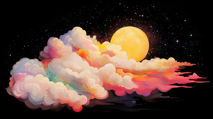 Wall Mural - Celestial Dreamscape: A vibrant, colorful cloud formation, painted in hues of rainbow and sunset, drifts across a night sky, illuminated by a large, golden full moon and scattered stars.