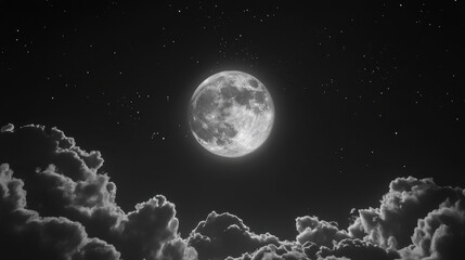 Wall Mural - Moonlit Majesty: A luminous full moon shines brightly in the inky blackness of the night sky, framed by wispy clouds and twinkling stars.