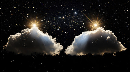 Wall Mural - Celestial Embrace: Two luminous clouds cradle twin stars in a dramatic night sky, their soft glow contrasting the intense darkness, creating a mystical and ethereal scene.