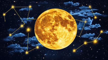 Wall Mural - Golden Full Moon and Libra Constellation: A mesmerizing full moon, bathed in a warm golden hue, dominates the night sky, encircled by the celestial pattern of the Libra constellation.