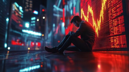 Stressed business man crypto trader broker investor analyzing stock exchange market crypto trading decreasing chart data fall down loss, desperate about losing money of crisis, recession, inflation.