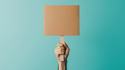 hand holds blank cardboard protest sign against teal background, symbolizing activism and expression. This captures essence of peaceful demonstration and social change