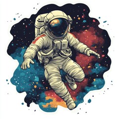 a stylized illustration of an astronaut floating in space amid vibrant cosmic dust and stars explori