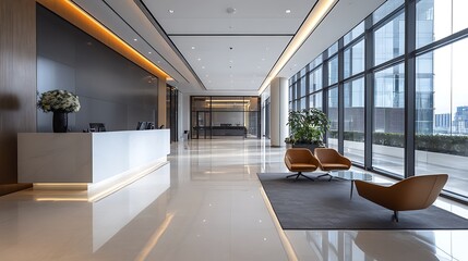 A sleek white banner displayed prominently in a modern office lobby with clean, minimalist design