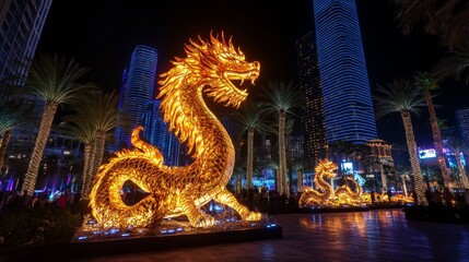 Wall Mural - Illuminated Golden Dragons Cityscape Night