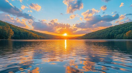 Wall Mural - Serene sunset over calm lake reflecting vibrant colors in the sky and hills.