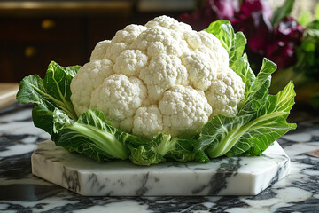 A whole cauliflower rests on a marble surface