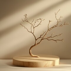 Wall Mural - 3d render of a wooden podium with a tree in the background