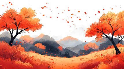 Wall Mural - Autumnal Landscape with Falling Leaves and Misty Mountains.