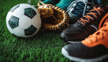 Closeup of assorted sports gear, including a soccer ball, baseball glove, and running shoes, arranged neatly on a lush grass field, conveying an active sports lifestyle