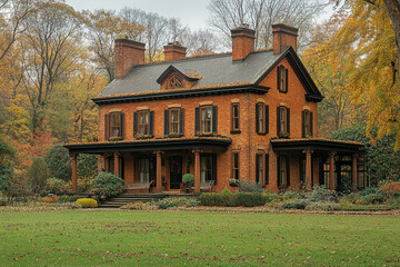 Wall Mural - Brick House Autumnal Setting Picturesque Landscape