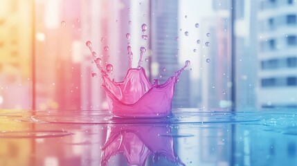 Wall Mural - vibrant pink water splash against urban backdrop with soft color gradient