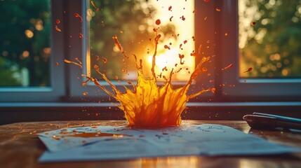 Wall Mural - vibrant orange liquid splashing on sheet of paper against a sunset background