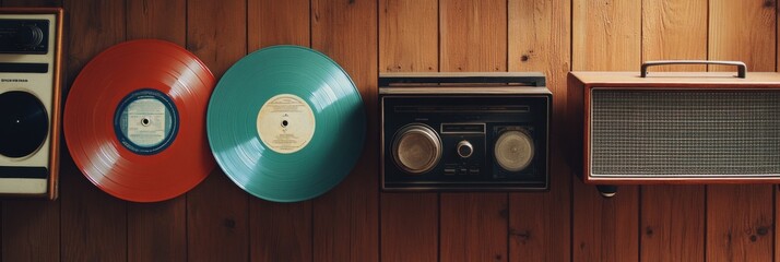 Poster - Vintage music collection displayed on a wooden wall featuring colorful vinyl records and a classic radio. Generative AI