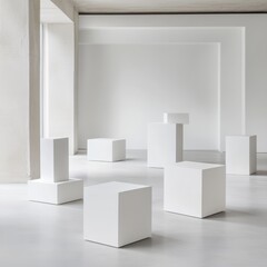 Canvas Print - 3d render of empty white exhibition hall with white cube podiums