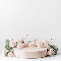 Canvas Print - Wooden product stand with pink roses and eucalyptus branches on white background