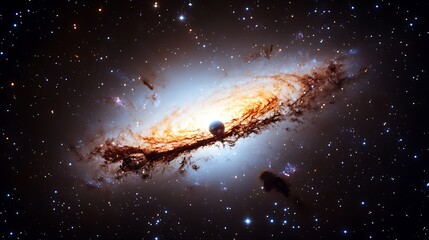 Wall Mural - A cosmic scene of a supermassive black hole at the center of a galaxy with spiraling stars and glowing gas clouds